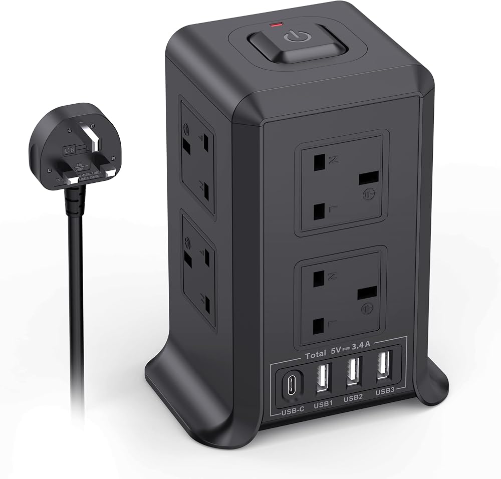 Kemelo Tower Extension Lead with USB Ports 3x USB-A 1x USB-C 8 Outlets 2M