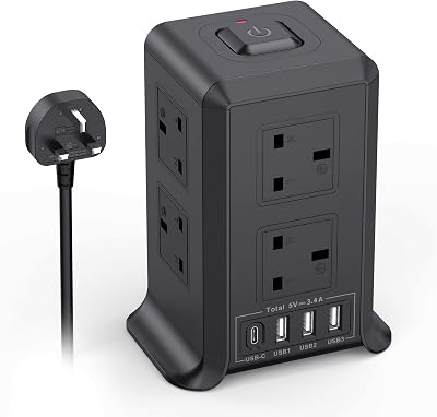 Kemelo Tower Extension Lead with USB Ports 3x USB-A 1x USB-C 8 Outlets 2M