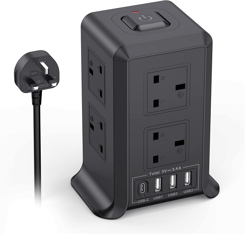 Kemelo Tower Extension Lead with USB Ports 3x USB-A 1x USB-C 8 Outlets 2M