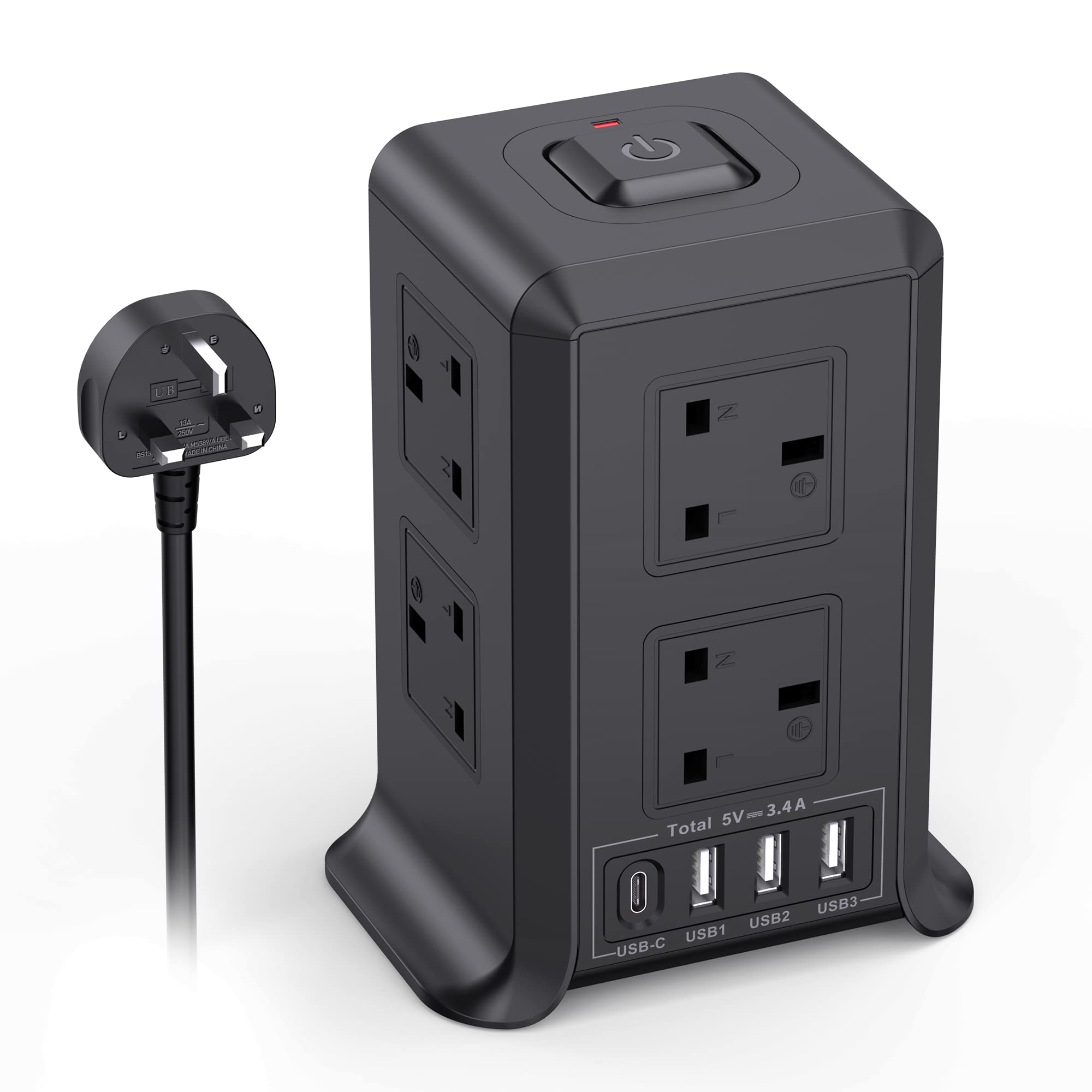 Tower Extension Lead with USB Slots, 3 USB-A(5V/2.4A) & 1 Type-C Port(5V/3A) and 8 Outlets Surge Protector Extension Lead with Switches, 2M Extension Cord