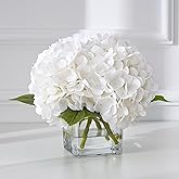 BLEUM CADE Luxury PU Fake Flowers in Vase with Faux Water, White Real Touch Hydrangea Artificial Flowers with Glass Vase for Office Home Dining Room Centerpiece Table Decorations