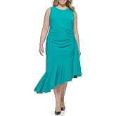 Eliza J Women's Sleeveless High Neck Ruffle Trim Asymmetrical Midi Dress