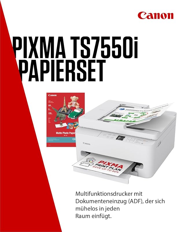 PIXMA TS7550I - WLAN-Multifunktionsdrucker mit ADF, Papierkassette und Frontbedienung | Kabelloses Drucken vom Smartphone leicht gemacht - Enthält MP-101 A4-Fotopapier, 5 Blatt