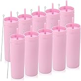Volhoply 20oz Plastic Skinny Tumblers Bulk 10 Pack,Double Wall Tumbler with Lid and Straw,BPA Free Matte Acrylic Iced Coffee Cups With Straw,Reusable Travel Cute Mug for Party,DIY Gift(Pink, 10 Set)