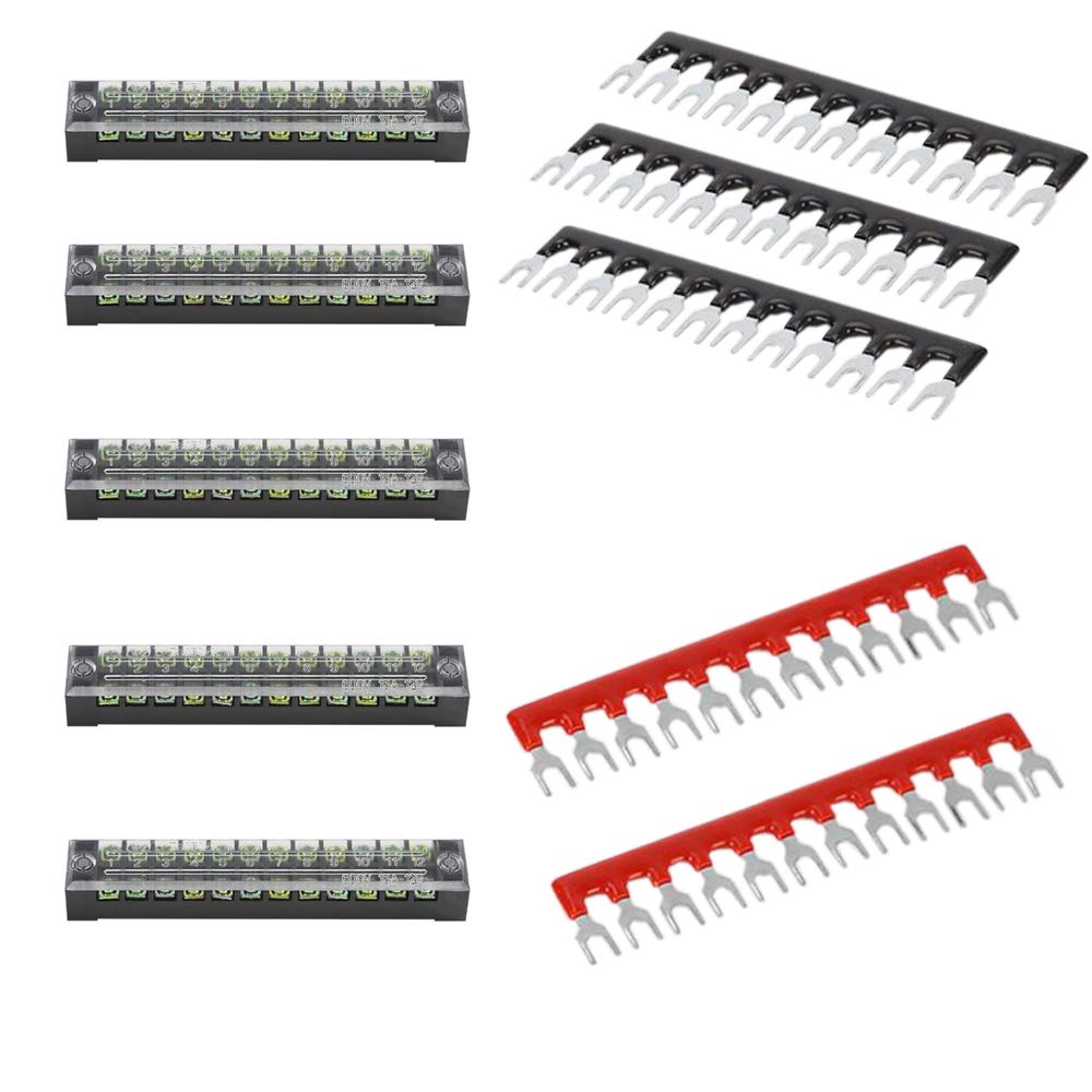 Carkio 5 PCS Double Row 12 Position Screw Terminal Strip 600V 15A+ 400V 15A 12 Postions Pre-Insulated Terminal Barrier Strip Suitable for Industrial, Lighting, Instrumentation, Railway,Red/Black 5PCS