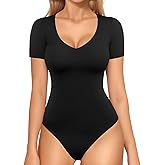 MANGOPOP Double Lined Short Sleeve Bodysuits for Women V Neck Thong Body Suit Stretchy Lightweight Bodysuit Tops