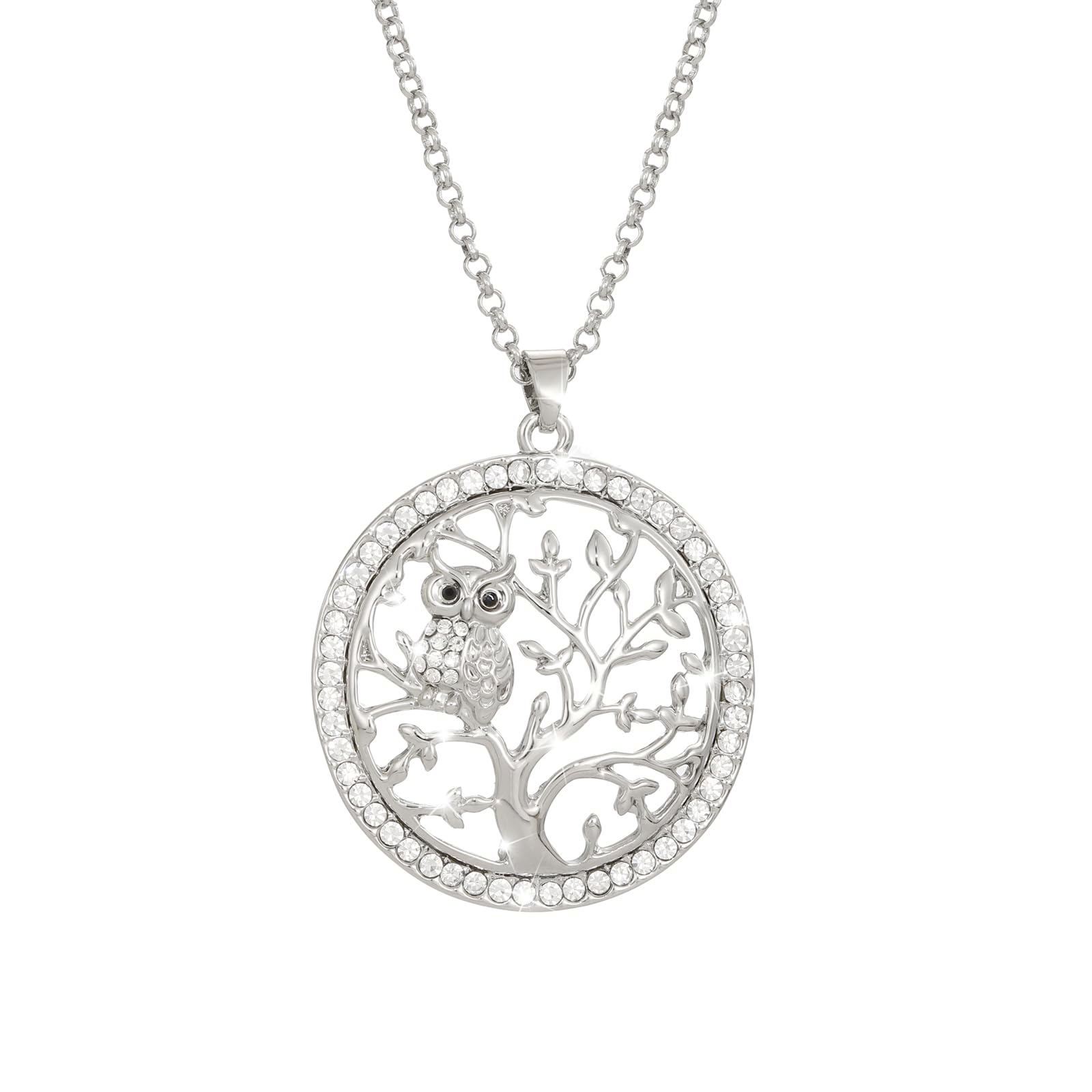 Necklace for Women Tree of Life with Cute Owl Pendant Necklace for Girls Long Chain Necklace with CZ Crystal (Silver Plated)