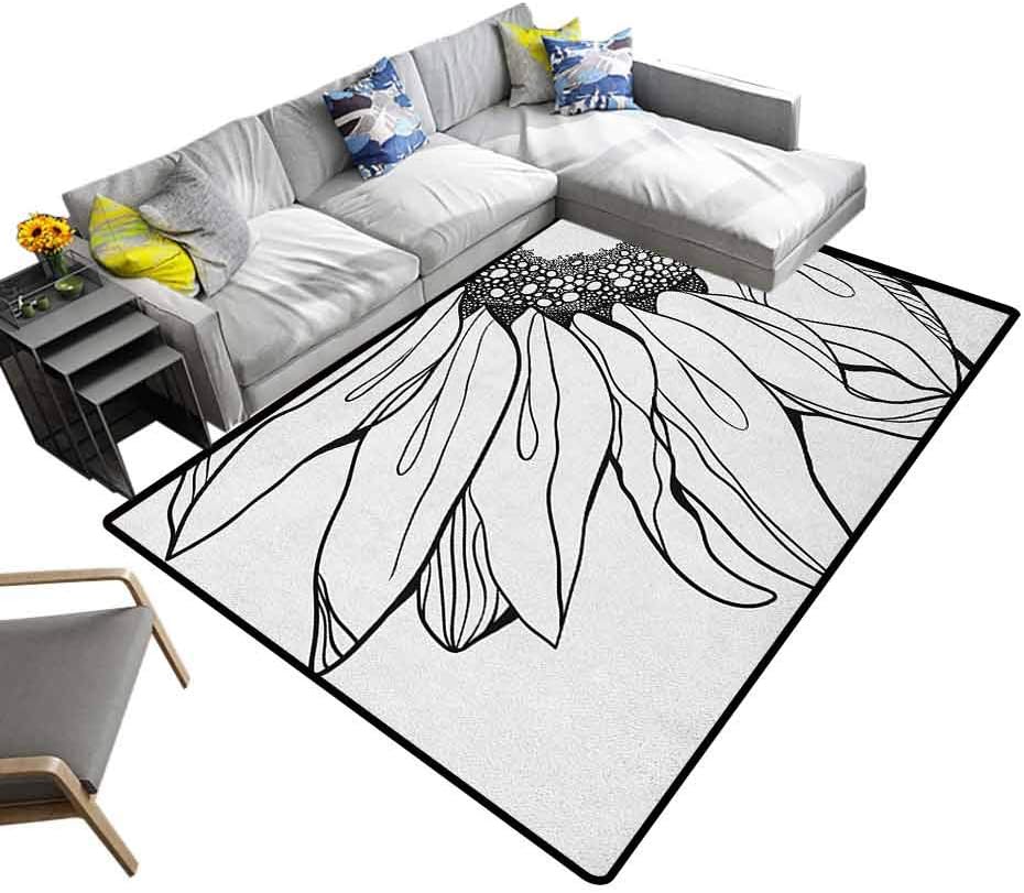 Doodle Large Area Rugs Part of a Sunflower in Black and White Botanical Garden Agricultural Growth Theme Soft Cozy Floor Mat Black White (6'x8')