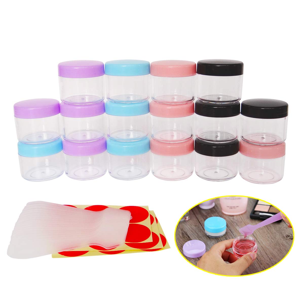 16pcs 20 Gram 20ml Jars, Small Cosmetic Sample Empty Container, Plastic Round Pot Screw Cap Lid, Tiny 20g Bottle for Makeup, Eye Shadow, Nails, Powder, Jewelry, Free 16 Spatulas & Labels (Mixed Color)