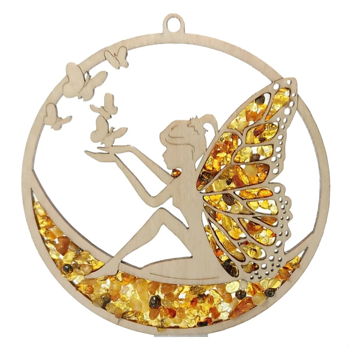 Window Decoration Suncatcher Amber in Birch Wood Elf Diameter 11 cm Including Gift Box