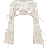 BEAUDRM Women's Crochet Bolero Shrug Hollow Out Ripped Bow Crop Top Goth Grunge Bell Sleeve Sweater