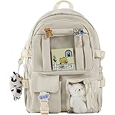 AoMoon Kawaii Backpack Lovely Pastel Rucksack for Teen Girls Aesthetic Student Bookbags with Kawaii Pin and Cute Accessories (White-C) One Size