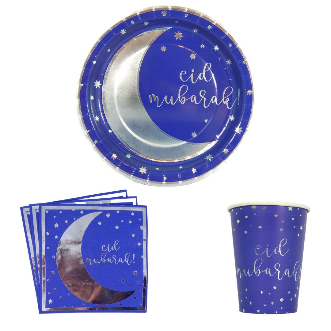 Peacock Supplies Eid Party Pack | 10 Plates (25cm) 10 Cups (9oz) 20 Napkins (33cm x 33cm) | Navy & Silver Design | Matching Disposable Set | Elevate Your Party Table Decor | No Washing Up Needed