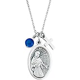 Padre Kolbe Necklace – Silver Saint Medal with Cross and Birthstone – Patron of Prisoners and Addiction Recovery – Stainless Steel Chain – Inspirational Catholic Gift for Men and Women