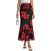 KIFOVEN Women's Mesh Floral Print High Wasit A-Line Hem Slim Fit Long Skirt