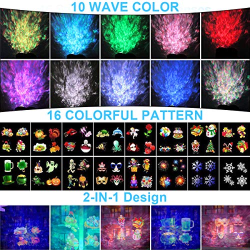Halloween Christmas LED Projector Lights, WOSTOO 2-in-1 Decoration Water Wave Projector 16 Slides Patterns 10 Wave Colors with Remote Control, Waterproof Outdoor/Indoor Landscape, Party, Garden