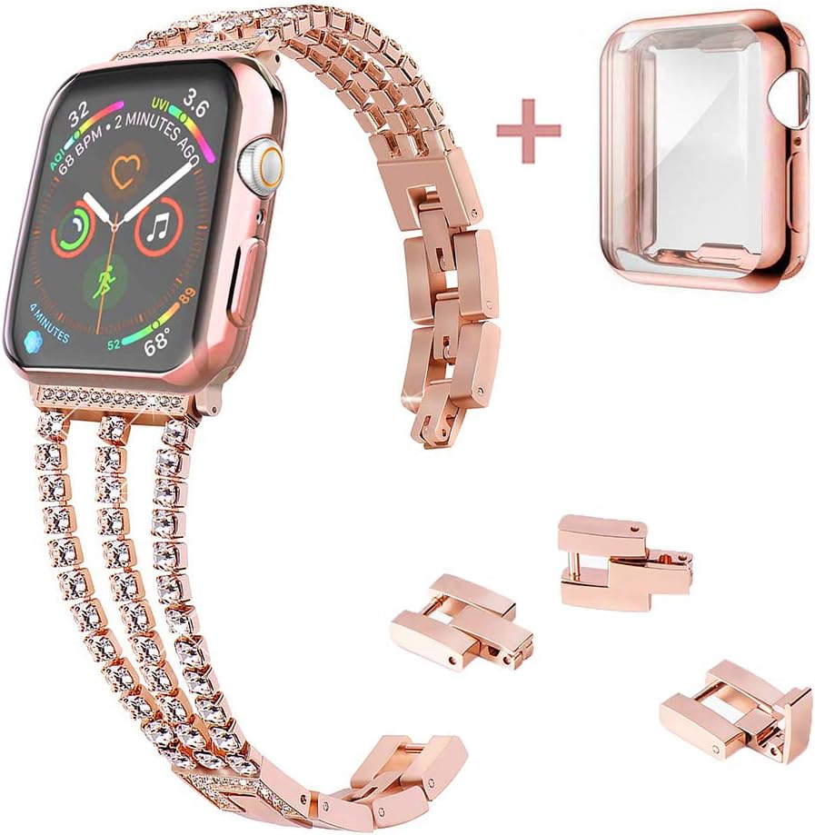 KoudHug Adjustable Bracelet with Case Compatible for 38mm 40mm Apple Watch Bands 42mm 44mm Women Rose Gold Three-Chain Crystal Jewelry Wristband and Screen Protector for iWatch Series 5 4 3 2 1