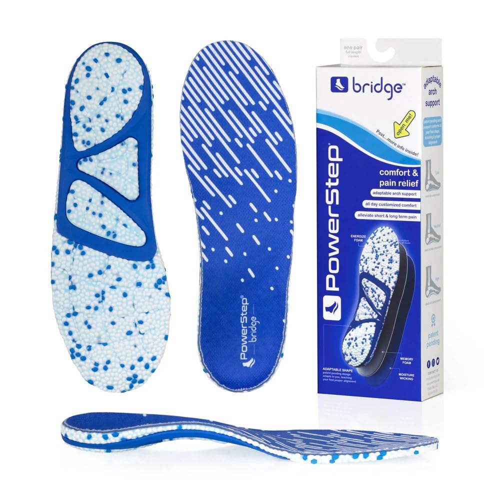 Photo 1 of Powerstep Unisex Adult Bridge Adaptable Arch Support Insoles, Comfort Memory Foam Inserts, Plantar Fasciitis Relief Insole, Blue & White, Men 8-9.5 Women 9-10.5 US