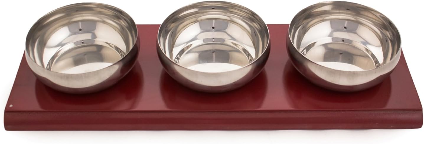 HMSTEELS Stainless steel wooden tray 40 cm in Red with 3 stainless steel Bowl set 11 cm