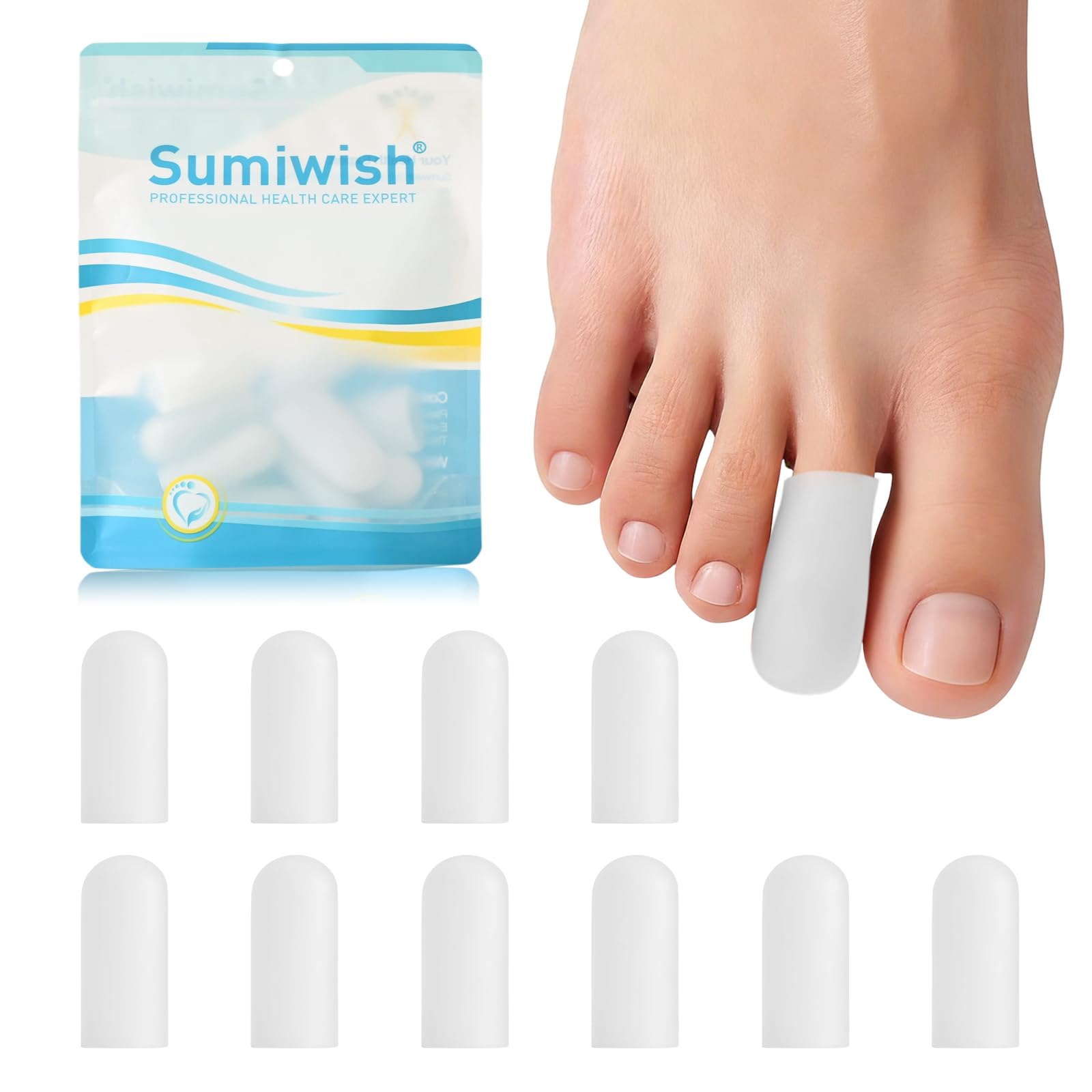 Sumiwish Silicone Toe Protectors - 10 Pack Toe Caps for Big Toe, Toe Covers for Women & Men, Toe Cushions for Pain Relief, Missing or Ingrown Toenails, Corns, Calluses, Blisters, Hammer Toes