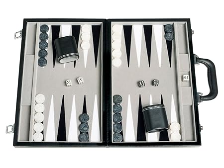 Travel Backgammon Set - Leatherette, Velvet Playing Field - 15-inch, Black/Grey