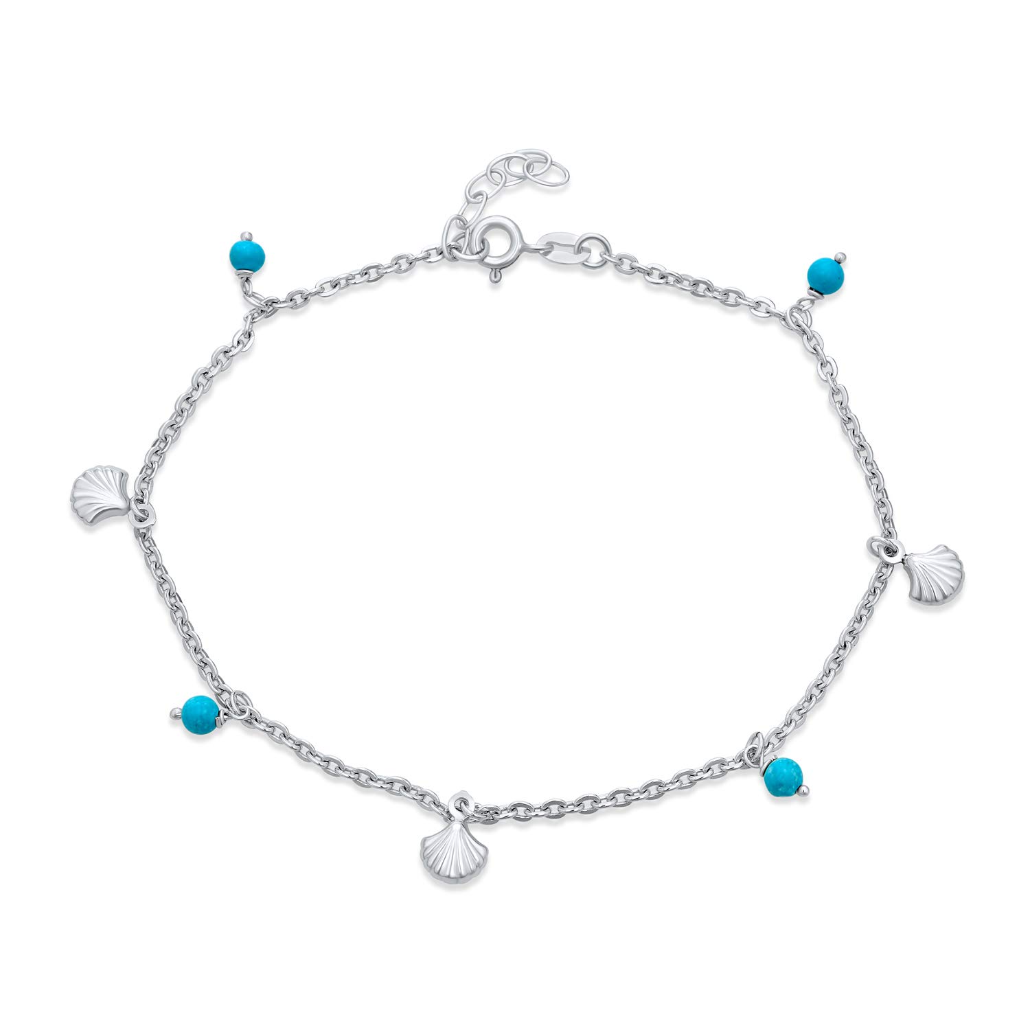Bling Jewelry Nautical Multi Charm Turquoise Clam Seashell Dangle Anklet Ankle Bracelet For Women .925 Sterling Silver 9-10 Inch Adjustable
