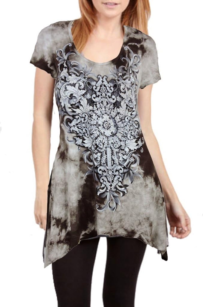 Sugar Rock Women Tunic Shirt Shark Bite Crystal Cross Tribal tie Dye S/s