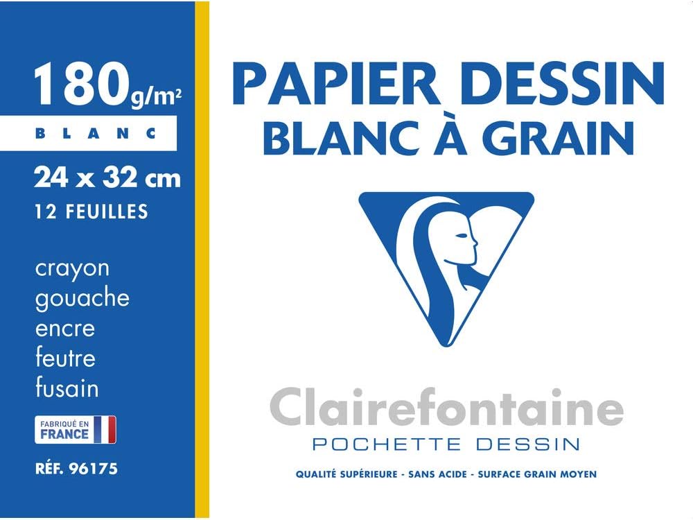 Clairefontaine, Ref 96175C, Grained Drawing Paper (Pack of 12 Sheets), 24 x 32cm Size, 180gsm Paper, Acid Free