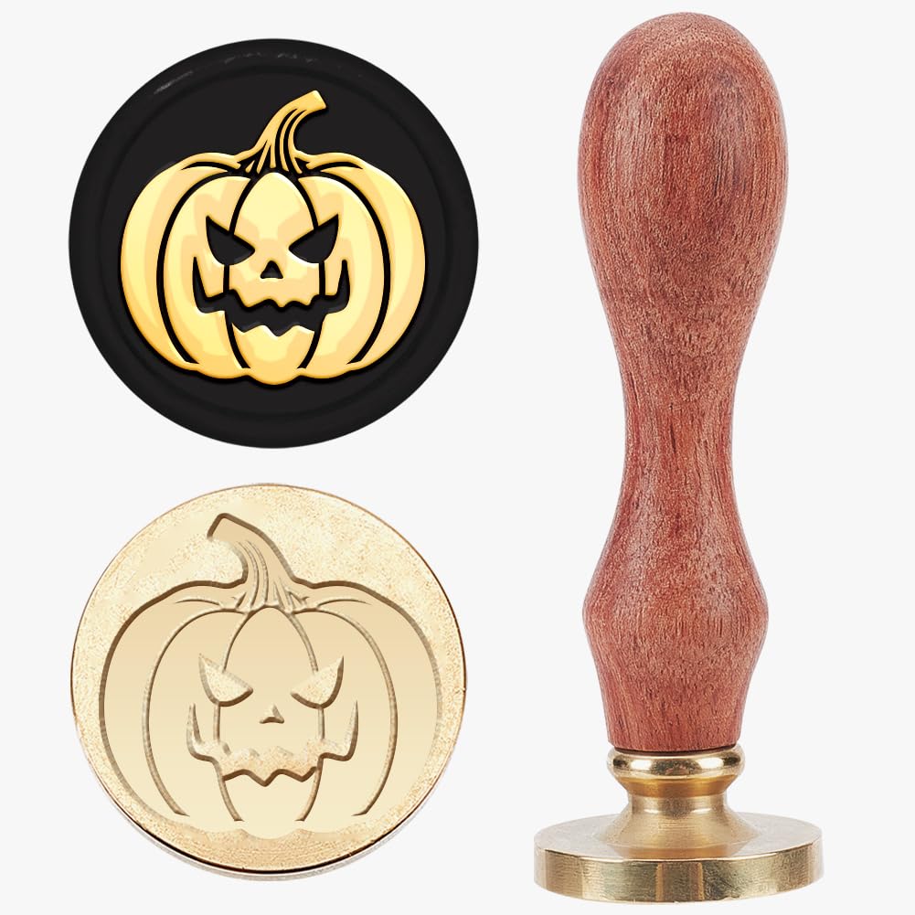 MAYJOYDIY Halloween Pumpkin Wax Seal Stamp 25mm Devil Pumpkin Sealing Wax Stamps Removable Autumn Pumpkin Brass Head Wooden Handle for Thanksgiving Envelopes Cards Invitation Gift Packaging