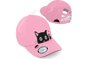 YSEOUL Girls Criss Cross Ponytail Hat - Black Cat Baseball Cap for Kids Age 7-15 - Adjustable Quick Dry Sun Hat for Cat Lover Gifts