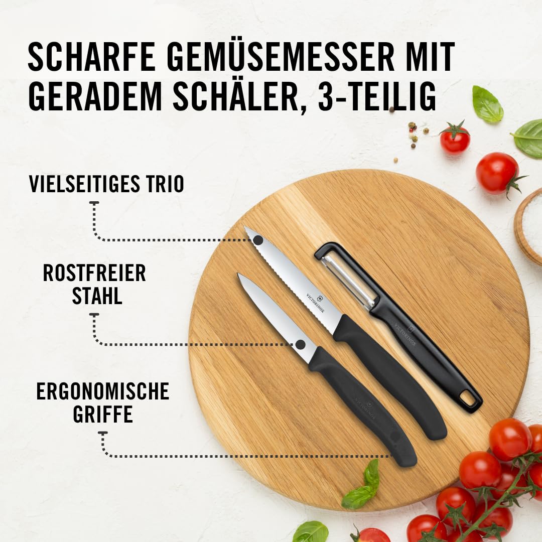 Victorinox Swiss Classic Gemüsemesser Set mit Sparschäler, Schälmesser und Tomatenmesser, 3-teilig, Extra Scharfe Klinge, Schwarz 3