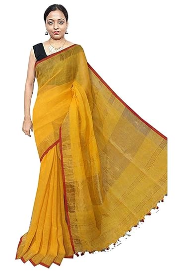 Womens Woven Linen Saree With Blouse Piece (Red & Yellow)