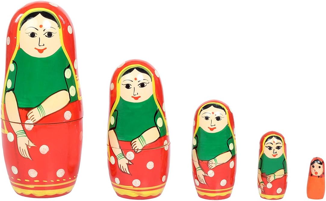Desi Toys 5 pcs Red Saree Lady Nesting Dolls Authentic Russian dolls Wooden Matryoshka Babushka dolls, perfect for kids and adults and Awesome Table top