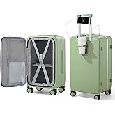 Hanke 20 Inch Carry On Luggage with Cup Holder and Charge,Top Opening Hard Shell Suitcases with Wheels and Dividers,Aluminum Frame Trunk Luggage Small Suitcase with Lock for Travel,Bamboo Green