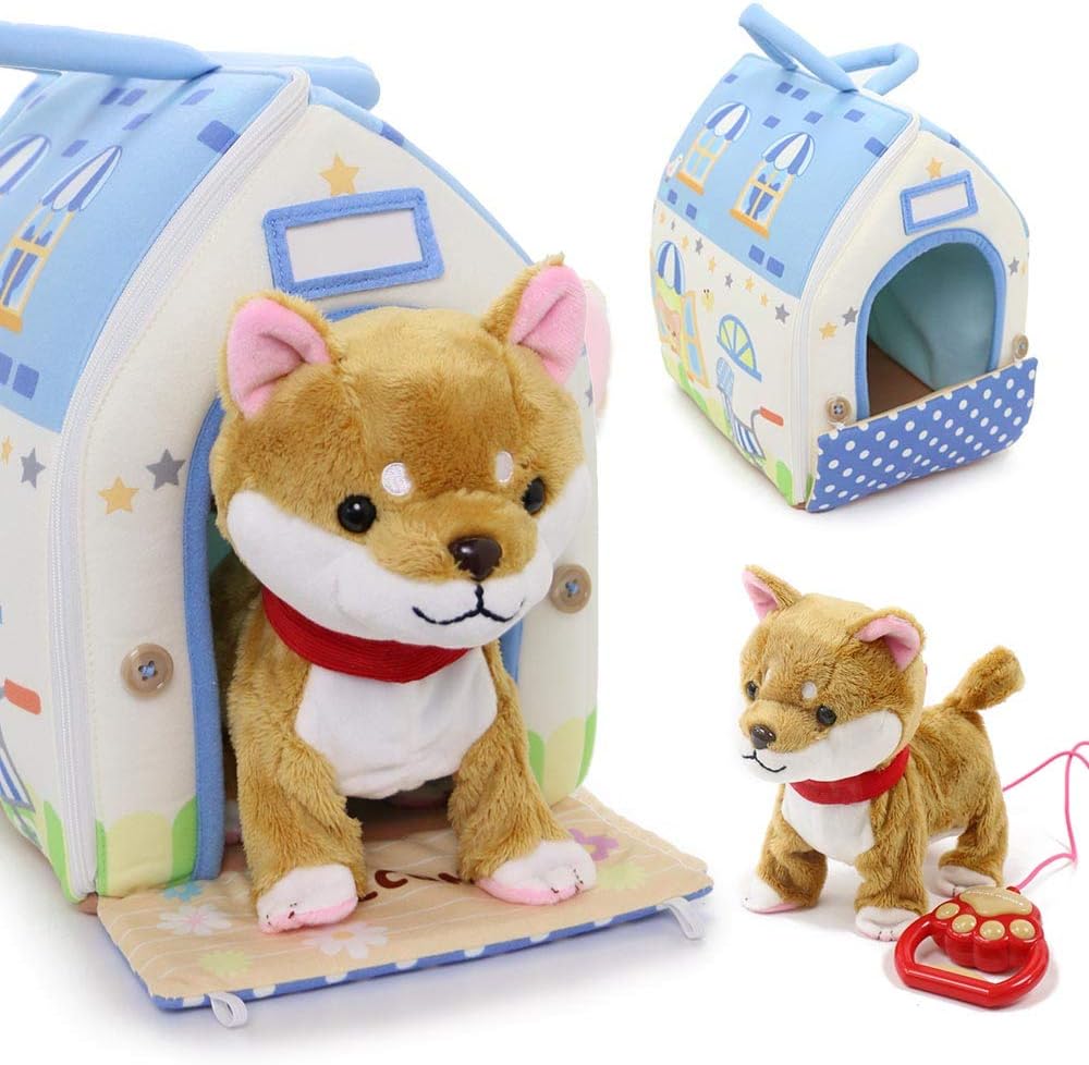 Amazon マザーガーデン いっしょにお散歩 しばいぬくん 茶 柴犬 電池で動く ぬいぐるみ ハウス 水玉青 セット ぬいぐるみ おもちゃ