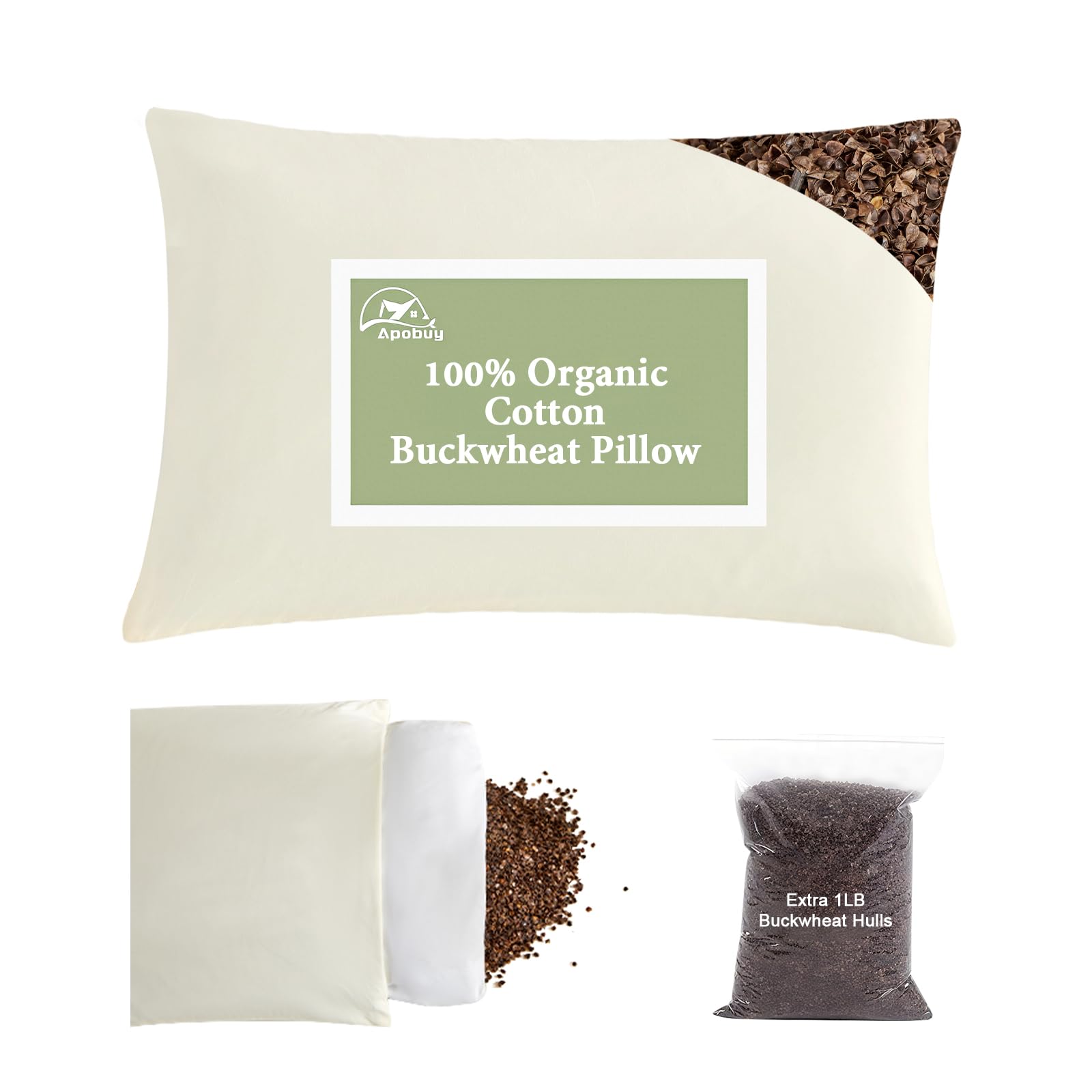 Photo 1 of APOBUY 20"X26" Large Organic Buckwheat Pillow with Dual-Layer Pillowcase and Extra Buckwheat Hulls, Adjust Height and Firmness, Neck Support Pillow for Back and Side Sleepers