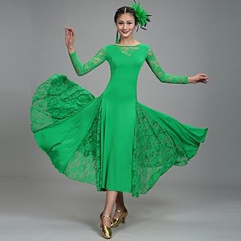 Amazon Co Jp Lnight社交ダンスドレス モダンダンス ワンピース ワルツ専用ドレス レース柄 6色展開 レッスン着 ラテンダンス フラメンコ ルンバ サンバ 練習競技着 デモ用 スタンダード発表会用演出服 グリーン S 服 ファッション小物