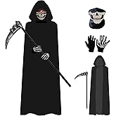 Grim Reaper Costume Set for Adult,Unisex Halloween Hooded Cape Cosplay Fancy Dress Cloak with & Scythe & Mask & Glove