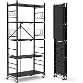 Himix Storage Shelves with 20 Hooks, 5-Tier Collapsible Organization Storage Rack Bookshelf Folding Pantry Shelves Cube Shelf Wire Shelving Holds 440 Ibs for Garage Kitchen Room, Black
