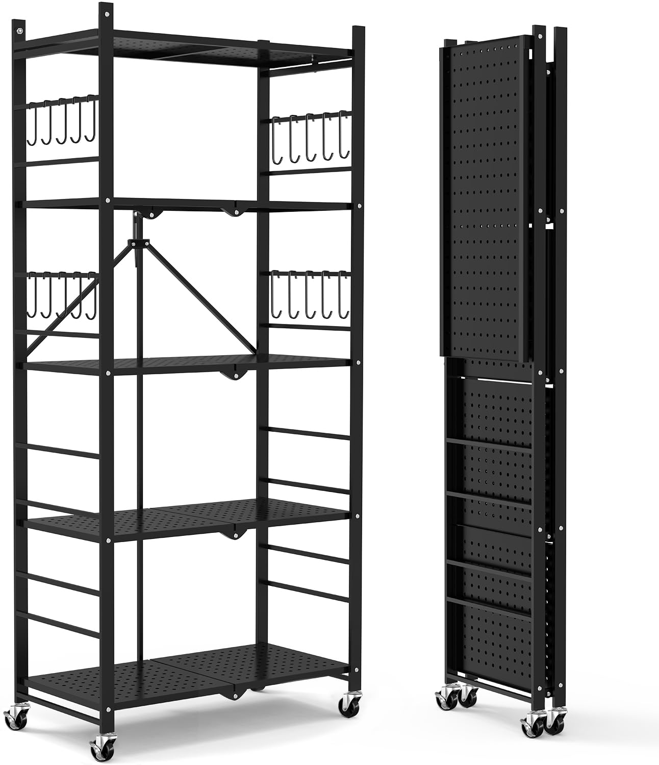 Photo 1 of Himix Storage Shelves with 20 Hooks, 5-Tier Collapsible Organization Storage Rack Bookshelf Folding Pantry Shelves Cube Shelf Wire Shelving Holds 440 Ibs for Garage Kitchen Room, Black