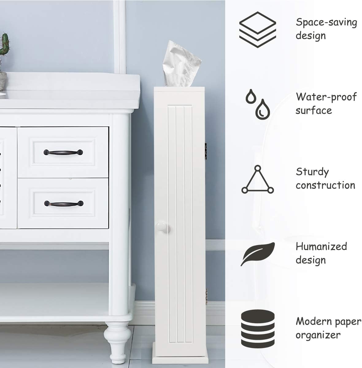 Tangkula Toilet Tissue Storage Tower, Free Standing Toilet Paper Holder with 4 Shelves, Bathroom Paper Storage Organizer with Door & Top Slot, Narrow Bath Floor Cabinet for Paper Holder (White): Home & Kitchen