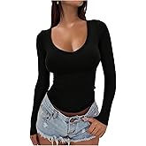 SOLY HUX Women's Long Sleeve Fitted Tops Dressy Casual Deep V Neck Tight T Shirts