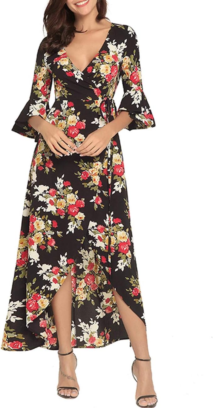 YUMDO Women's V Neck 3/4 Sleeve Floral Print Faux Wrap Long Maxi Dress Belt
