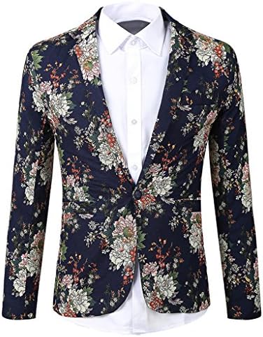 JASSYOY Mens Lightweight Floral One-Button Suit Blazer Blue