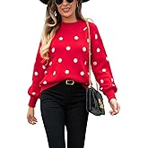 chouyatou Women's Vintage Polka Dot Pullover Sweaters Color Block Crewneck Casual Slouchy Sweater Jumper Tops