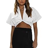 Imily Bela Womens Cropped Shirts Summer V Neck Twist Front Tops Blouses with Pockets
