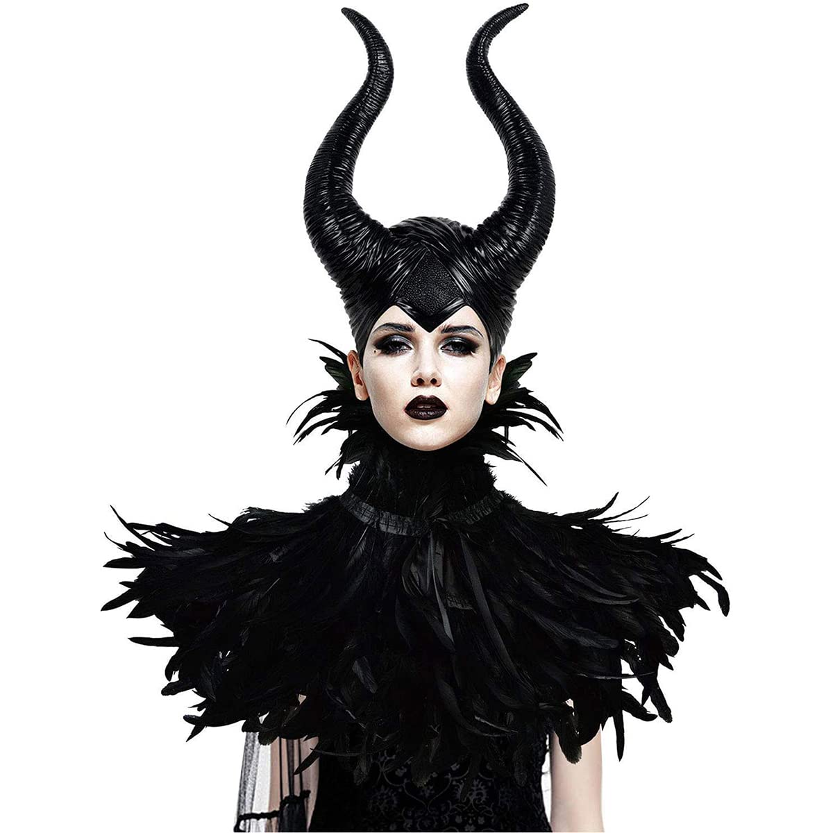 Photo 1 of VZQI Feather Cape Shawl with Maleficent Horns Headband Set Halloween Black Hat Costumes Couples Adults
