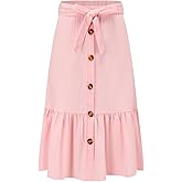 Eymitory Girls Maxi Skirts Button Front High Waisted Long Skirt with Belt Ruffled Skirts with Pocke