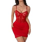 Kolagri Womens Sexy Lingerie Lace Sheer Mesh Bodycon Mini Dress Underwire Ruched Nightgown Set with Thong