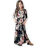 21KIDS Girls Maxi Dress Floral 3/4 Long Sleeve Dresses with Pockets for Girls 6-12 Years